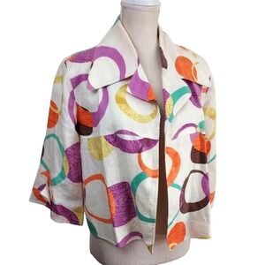 Transition Linen Blend Cropped Jacket Open Front Colorful Print vintage‎ Size M